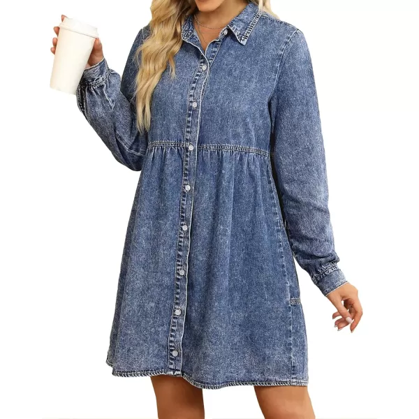 luvamia Denim Dress for Women Babydoll Flowy Cute Jean Shirt Dresses Long SleevesBay Blue