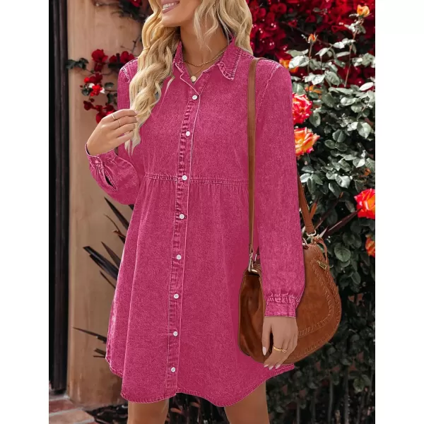 luvamia Denim Dress for Women Babydoll Flowy Cute Jean Shirt Dresses Long SleevesMagenta