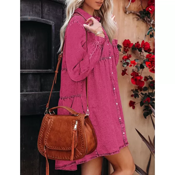 luvamia Denim Dress for Women Babydoll Flowy Cute Jean Shirt Dresses Long SleevesMagenta