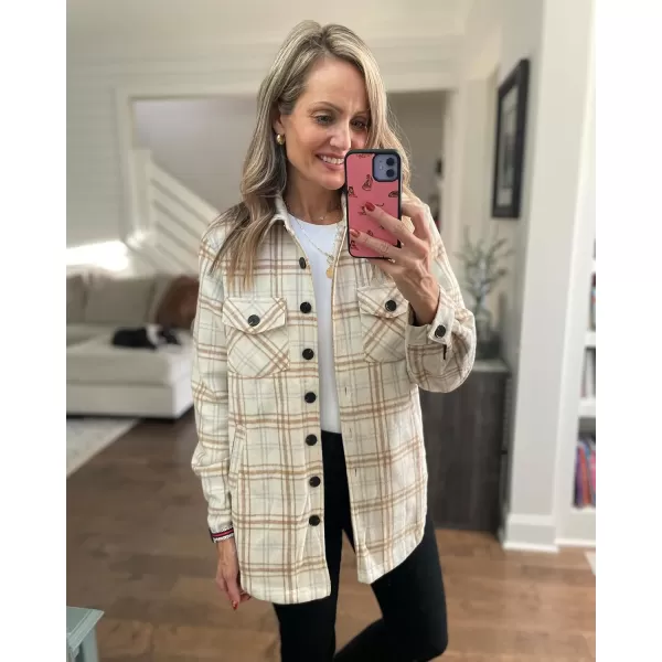 luvamia Plaid Jackets for Women Flannel Quilted Shacket Coats Oversized Button Down Shirts JacketAlmond Cream Plaid