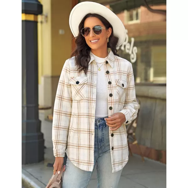 luvamia Plaid Jackets for Women Flannel Quilted Shacket Coats Oversized Button Down Shirts JacketAlmond Cream Plaid