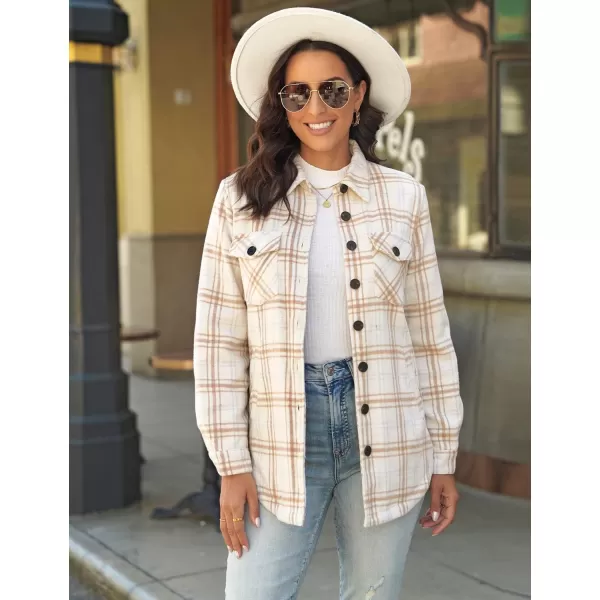 luvamia Plaid Jackets for Women Flannel Quilted Shacket Coats Oversized Button Down Shirts JacketAlmond Cream Plaid