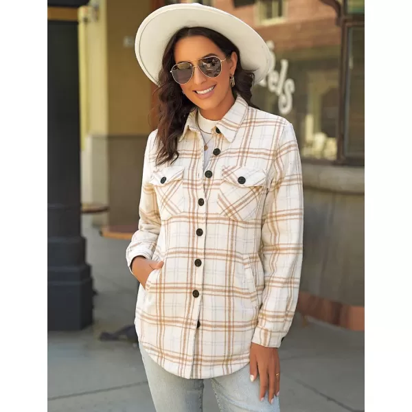 luvamia Plaid Jackets for Women Flannel Quilted Shacket Coats Oversized Button Down Shirts JacketAlmond Cream Plaid