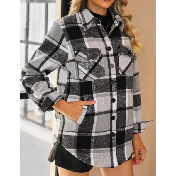 luvamia Plaid Jackets for Women Flannel Quilted Shacket Coats Oversized Button Down Shirts JacketBlack  Gray Plaid