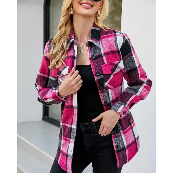 luvamia Plaid Jackets for Women Flannel Quilted Shacket Coats Oversized Button Down Shirts JacketBlack and Rose Check