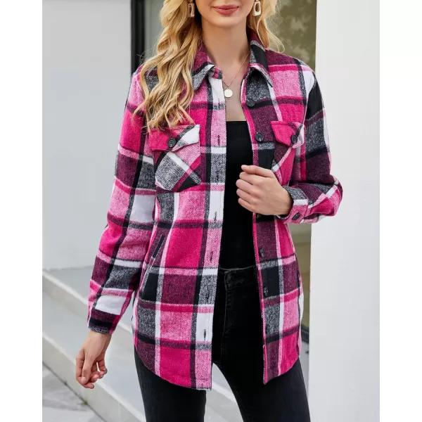 luvamia Plaid Jackets for Women Flannel Quilted Shacket Coats Oversized Button Down Shirts JacketBlack and Rose Check