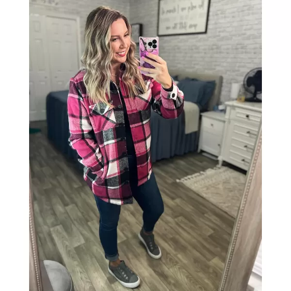 luvamia Plaid Jackets for Women Flannel Quilted Shacket Coats Oversized Button Down Shirts JacketBlack and Rose Check