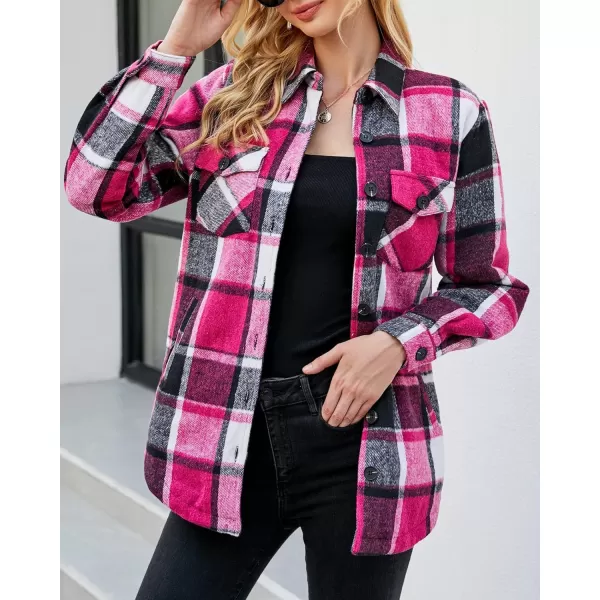 luvamia Plaid Jackets for Women Flannel Quilted Shacket Coats Oversized Button Down Shirts JacketBlack and Rose Check