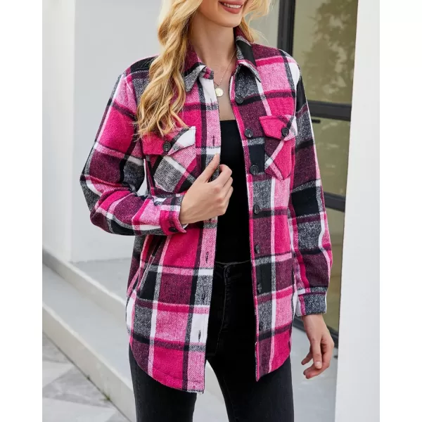 luvamia Plaid Jackets for Women Flannel Quilted Shacket Coats Oversized Button Down Shirts JacketBlack and Rose Check