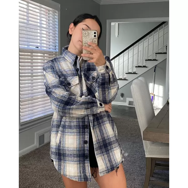 luvamia Plaid Jackets for Women Flannel Quilted Shacket Coats Oversized Button Down Shirts JacketBlue Plaid