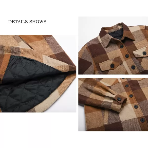 luvamia Plaid Jackets for Women Flannel Quilted Shacket Coats Oversized Button Down Shirts JacketBrown Tone Plaid