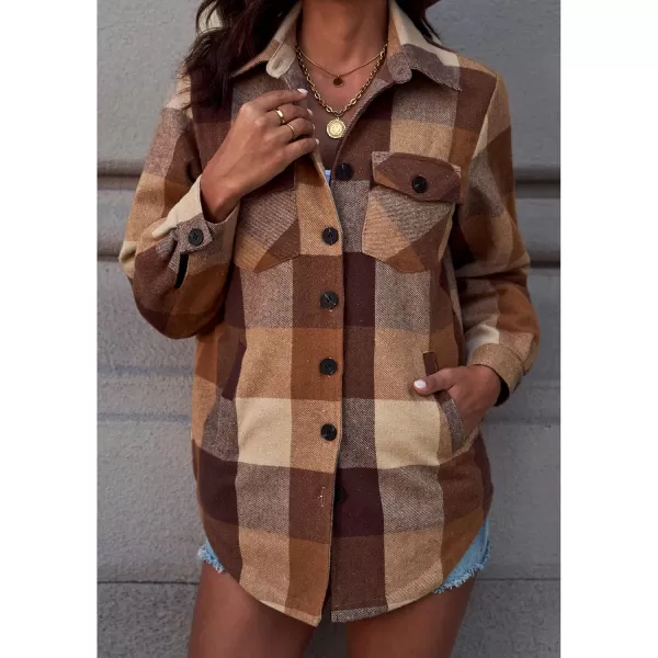 luvamia Plaid Jackets for Women Flannel Quilted Shacket Coats Oversized Button Down Shirts JacketBrown Tone Plaid