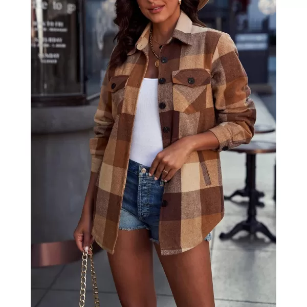 luvamia Plaid Jackets for Women Flannel Quilted Shacket Coats Oversized Button Down Shirts JacketBrown Tone Plaid