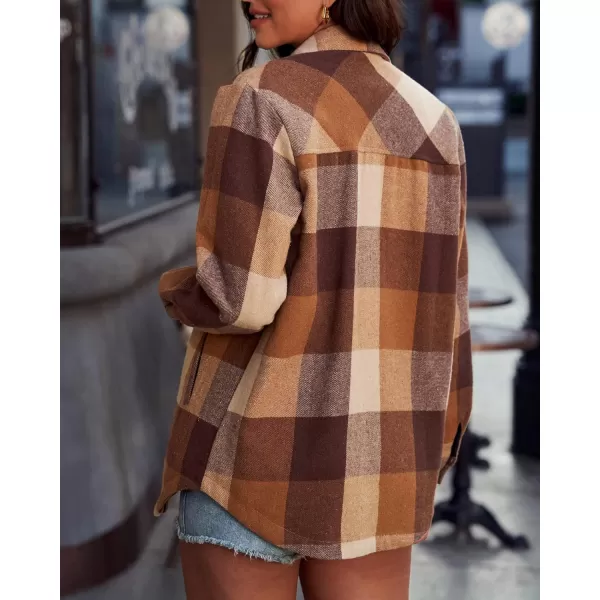 luvamia Plaid Jackets for Women Flannel Quilted Shacket Coats Oversized Button Down Shirts JacketBrown Tone Plaid