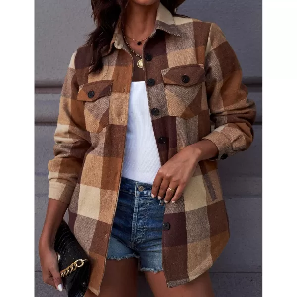 luvamia Plaid Jackets for Women Flannel Quilted Shacket Coats Oversized Button Down Shirts JacketBrown Tone Plaid