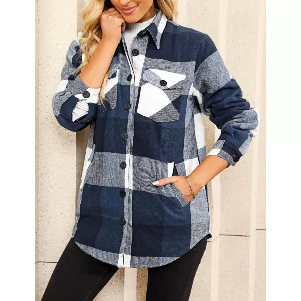 luvamia Plaid Jackets for Women Flannel Quilted Shacket Coats Oversized Button Down Shirts JacketDark Blue Plaid