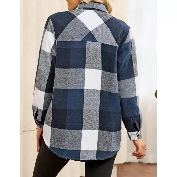 luvamia Plaid Jackets for Women Flannel Quilted Shacket Coats Oversized Button Down Shirts JacketDark Blue Plaid