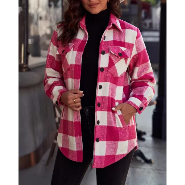 luvamia Plaid Jackets for Women Flannel Quilted Shacket Coats Oversized Button Down Shirts JacketHot Pink Plaid
