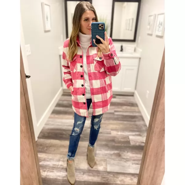 luvamia Plaid Jackets for Women Flannel Quilted Shacket Coats Oversized Button Down Shirts JacketHot Pink Plaid