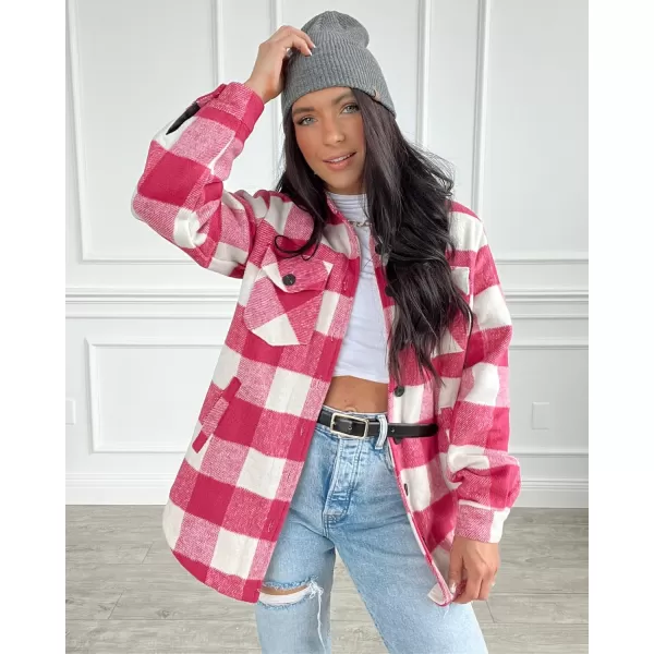 luvamia Plaid Jackets for Women Flannel Quilted Shacket Coats Oversized Button Down Shirts JacketHot Pink Plaid