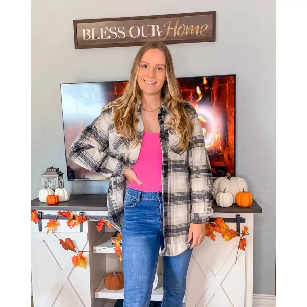 luvamia Plaid Jackets for Women Flannel Quilted Shacket Coats Oversized Button Down Shirts JacketKhaki Plaid