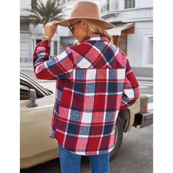 luvamia Plaid Jackets for Women Flannel Quilted Shacket Coats Oversized Button Down Shirts JacketNavy Blue and Red Plaid