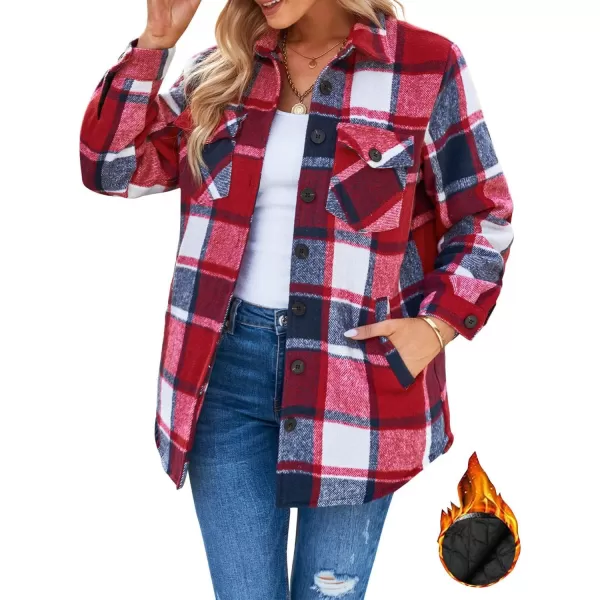 luvamia Plaid Jackets for Women Flannel Quilted Shacket Coats Oversized Button Down Shirts JacketNavy Blue and Red Plaid