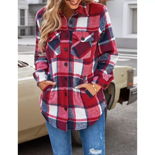 luvamia Plaid Jackets for Women Flannel Quilted Shacket Coats Oversized Button Down Shirts JacketNavy Blue and Red Plaid