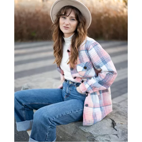 luvamia Plaid Jackets for Women Flannel Quilted Shacket Coats Oversized Button Down Shirts JacketPink  Blue Plaid
