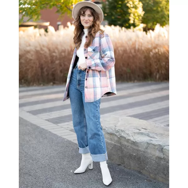 luvamia Plaid Jackets for Women Flannel Quilted Shacket Coats Oversized Button Down Shirts JacketPink  Blue Plaid