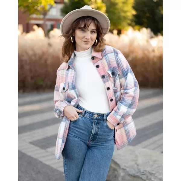 luvamia Plaid Jackets for Women Flannel Quilted Shacket Coats Oversized Button Down Shirts JacketPink  Blue Plaid