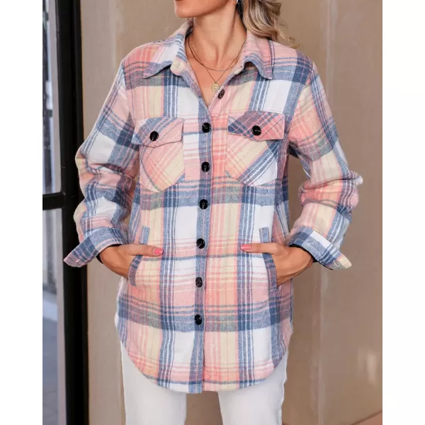 luvamia Plaid Jackets for Women Flannel Quilted Shacket Coats Oversized Button Down Shirts JacketPink  Blue Plaid