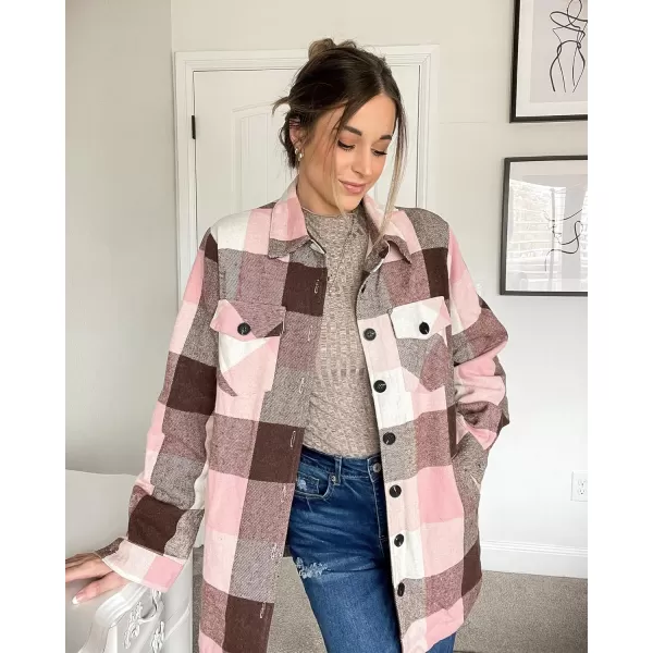 luvamia Plaid Jackets for Women Flannel Quilted Shacket Coats Oversized Button Down Shirts JacketPink Plaid