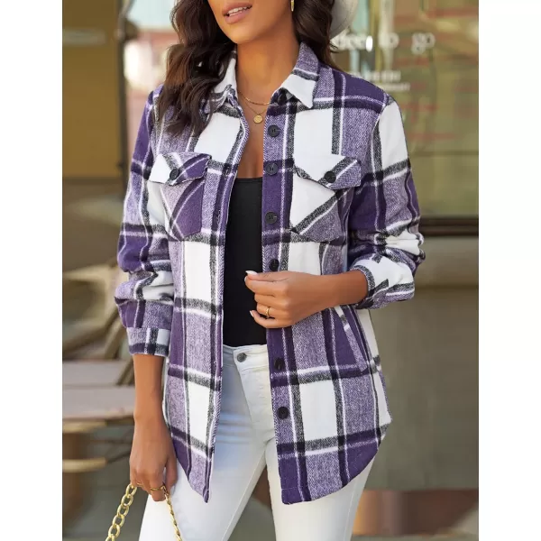 luvamia Plaid Jackets for Women Flannel Quilted Shacket Coats Oversized Button Down Shirts JacketRoyal Purple Plaid