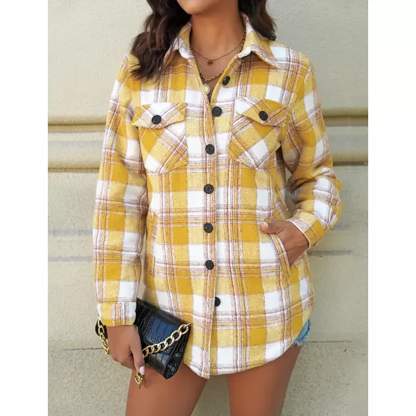 luvamia Plaid Jackets for Women Flannel Quilted Shacket Coats Oversized Button Down Shirts JacketSolar Power Yellow Plaid