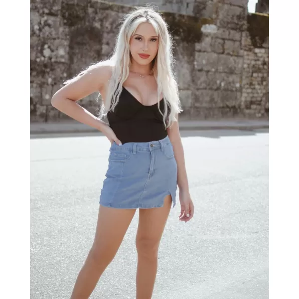 luvamia Skorts Skirts for Women Denim Mini Skirt Side Slit with High Waisted Jean Shorts StretchyBlue Fog