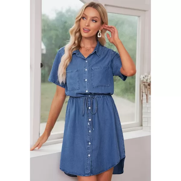 luvamia Women Casual Denim Dress Short Sleeve Tie Waist Classic Jean Shirt DressA2 Classic Blue