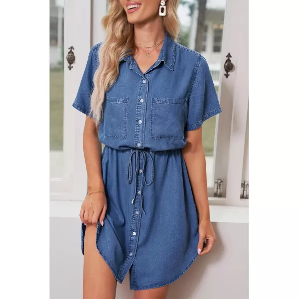 luvamia Women Casual Denim Dress Short Sleeve Tie Waist Classic Jean Shirt DressA2 Classic Blue