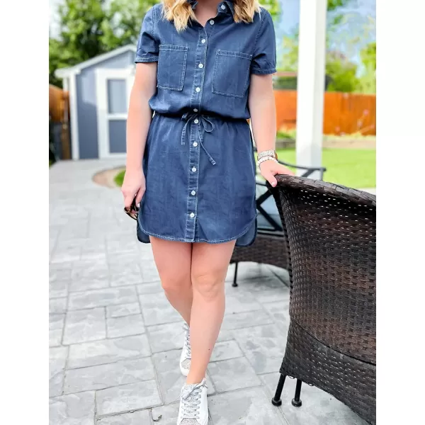 luvamia Women Casual Denim Dress Short Sleeve Tie Waist Classic Jean Shirt DressA2 Classic Blue