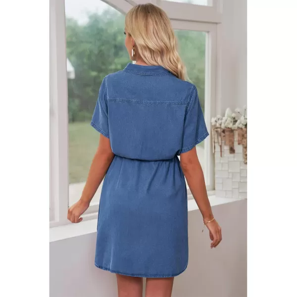 luvamia Women Casual Denim Dress Short Sleeve Tie Waist Classic Jean Shirt DressA2 Classic Blue