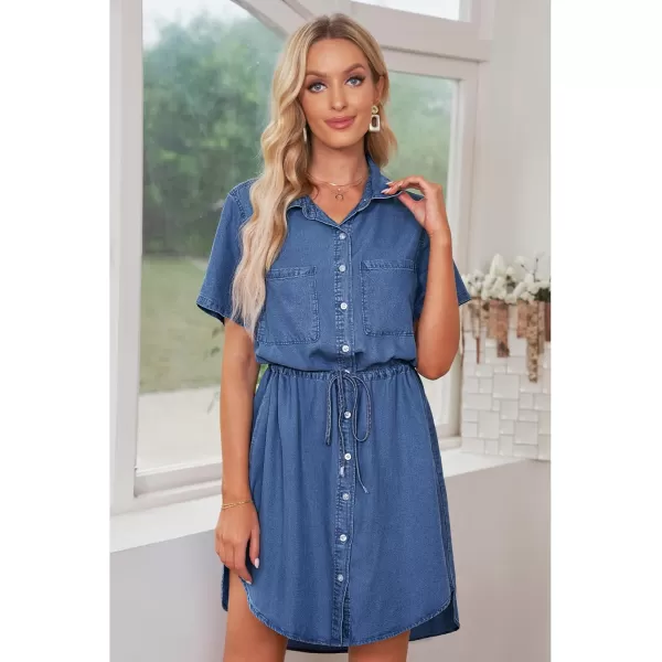 luvamia Women Casual Denim Dress Short Sleeve Tie Waist Classic Jean Shirt DressA2 Classic Blue