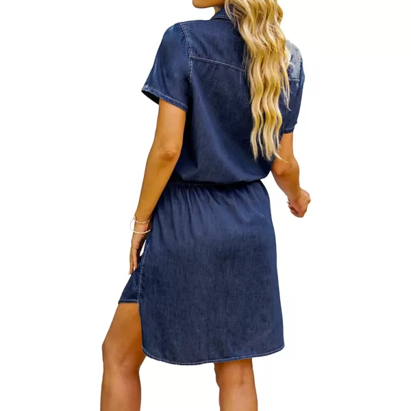 luvamia Women Casual Denim Dress Short Sleeve Tie Waist Classic Jean Shirt DressA3 Dark Reflections