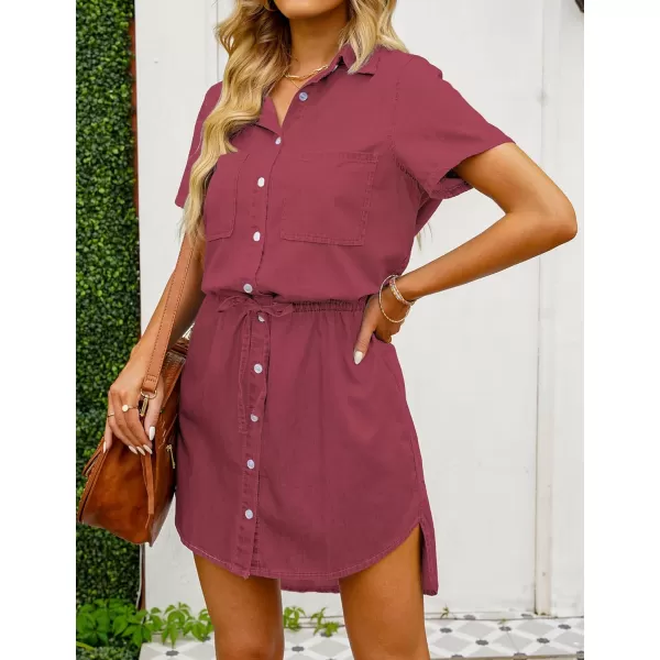 luvamia Women Casual Denim Dress Short Sleeve Tie Waist Classic Jean Shirt DressGarnet Rose