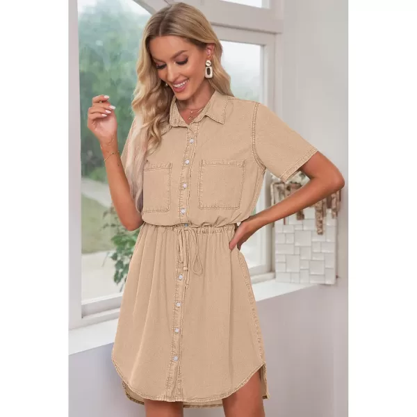 luvamia Women Casual Denim Dress Short Sleeve Tie Waist Classic Jean Shirt DressKhaki