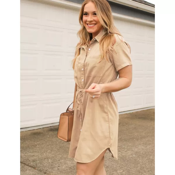 luvamia Women Casual Denim Dress Short Sleeve Tie Waist Classic Jean Shirt DressKhaki