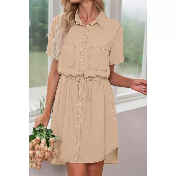 luvamia Women Casual Denim Dress Short Sleeve Tie Waist Classic Jean Shirt DressKhaki