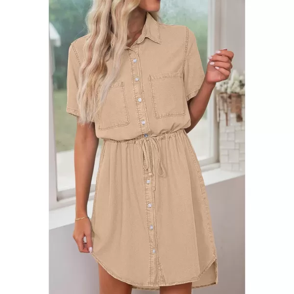 luvamia Women Casual Denim Dress Short Sleeve Tie Waist Classic Jean Shirt DressKhaki