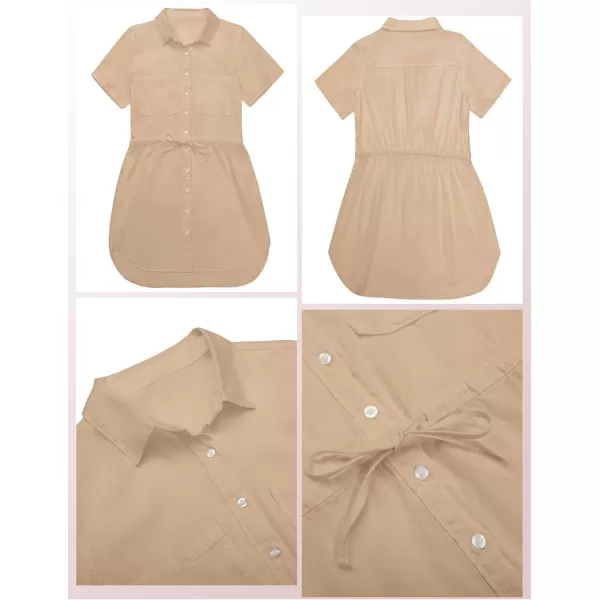 luvamia Women Casual Denim Dress Short Sleeve Tie Waist Classic Jean Shirt DressKhaki