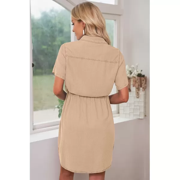 luvamia Women Casual Denim Dress Short Sleeve Tie Waist Classic Jean Shirt DressKhaki