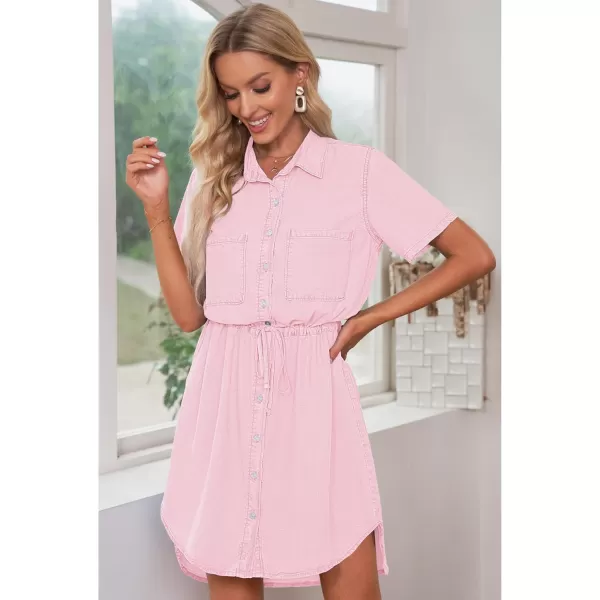 luvamia Women Casual Denim Dress Short Sleeve Tie Waist Classic Jean Shirt DressLight Pink